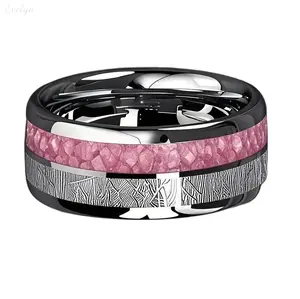 Pink Crushed Stone Meteorite Inlay Tungsten Ring, Two‑Tone Polished Band, Durable Comfort Fit Wedding Band for Daily & Outdoor Wear