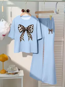 Spring & Summer Girls Casual Fit Leopard Print Bow Knot Short Sleeve Top, Wide Leg Pants Set, Comfortable Youthful Clothes for Daily Wear
