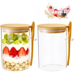 Overnight Oats Containers With Lids and Spoons, 2pack Glass Jars with Bamboo Lids, Leak-Proof Overnight Oats Jars for Cereal, Yogurt, Chia Pudding