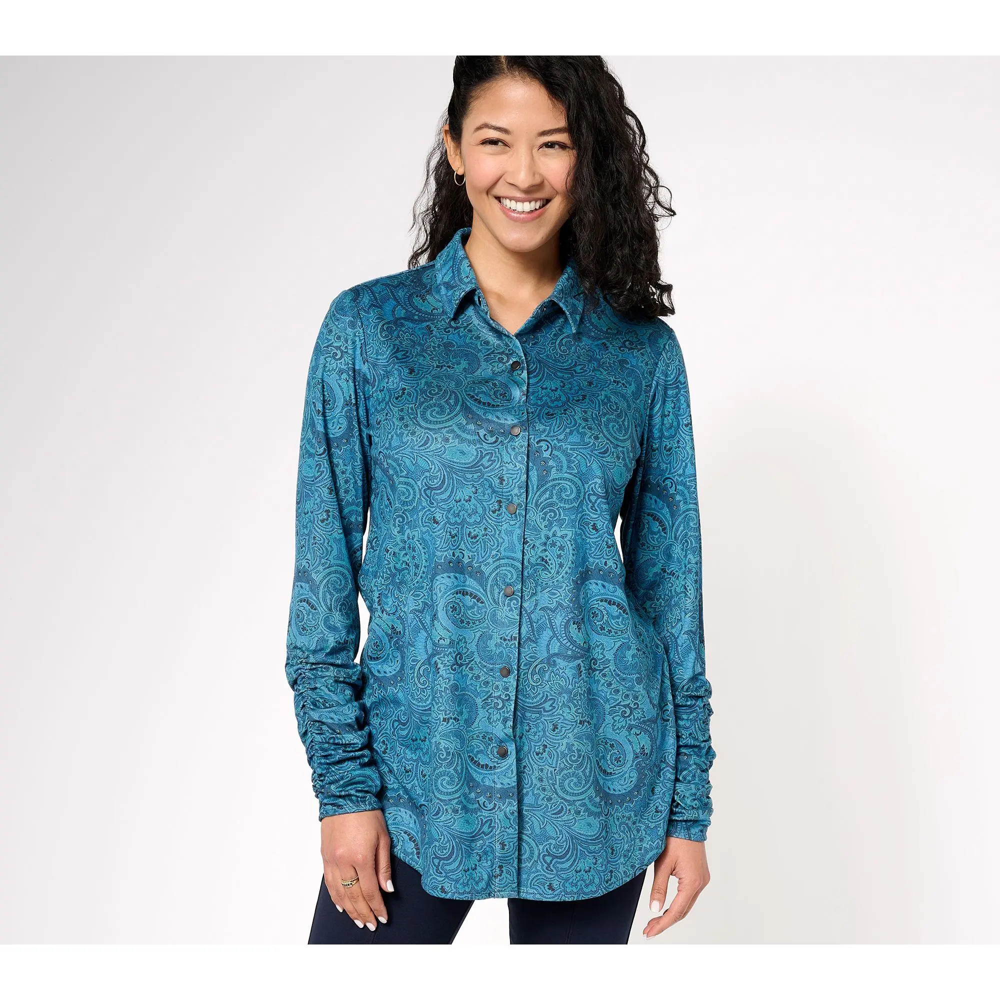 Susan Graver Reg Printed Faux Suede Knit Long-Sleeve Shirt