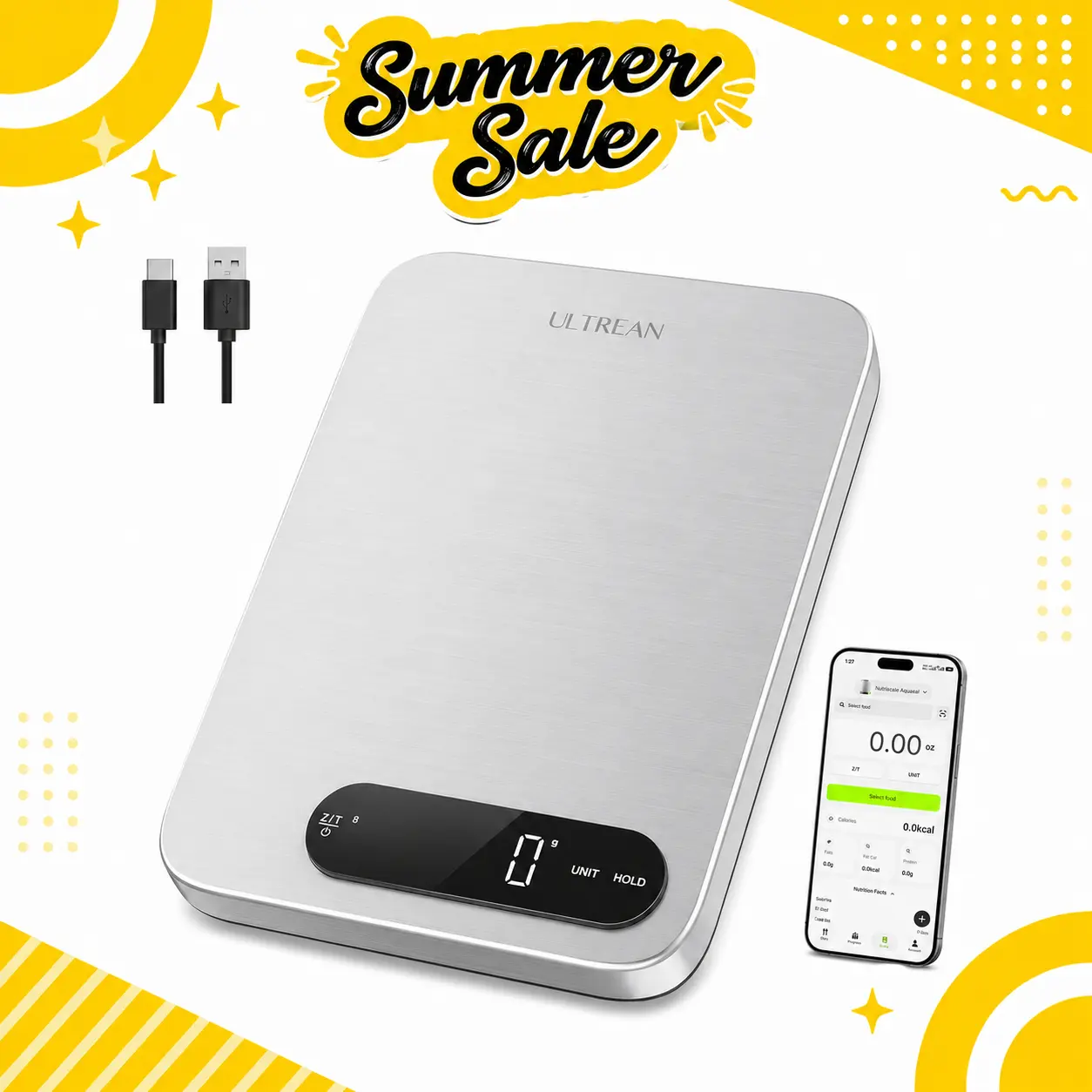 Ultrean 33lb Smart Digital Kitchen Scale, 304 Stainless Steel Silver, IPX67 Waterproof, Type-C Rechargeable, Bluetooth, Lithium Ion Batteries Built-In, App-Compatible, 7 Weight Units (g, oz), LED Display, Tare Function, Ideal for Baking, Meal Prep, Food S