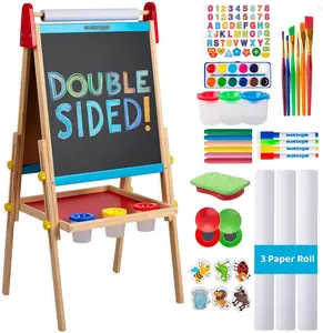 Blue Squid Art Easel for Kids with Paper Roll x 3, Includes 100+ Accessories, Double Sided Adjustable Wooden Painting Easel with Magnetic Chalk Board, White Board for Toddlers Ages 3,4,5,6,7,8,9,10,12