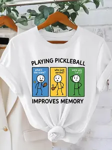 PLAYING PICKLEBALL Fun Cartoon Character Print Fashionable Vintage Style Women's Short Sleeve T-Shirt, Spring/Summer Daily Commute Casual Versatile Elegant Women's Apparel, Sporty Trendy Versatile Design, Simple Round Neck Comfortable Breathable Top,