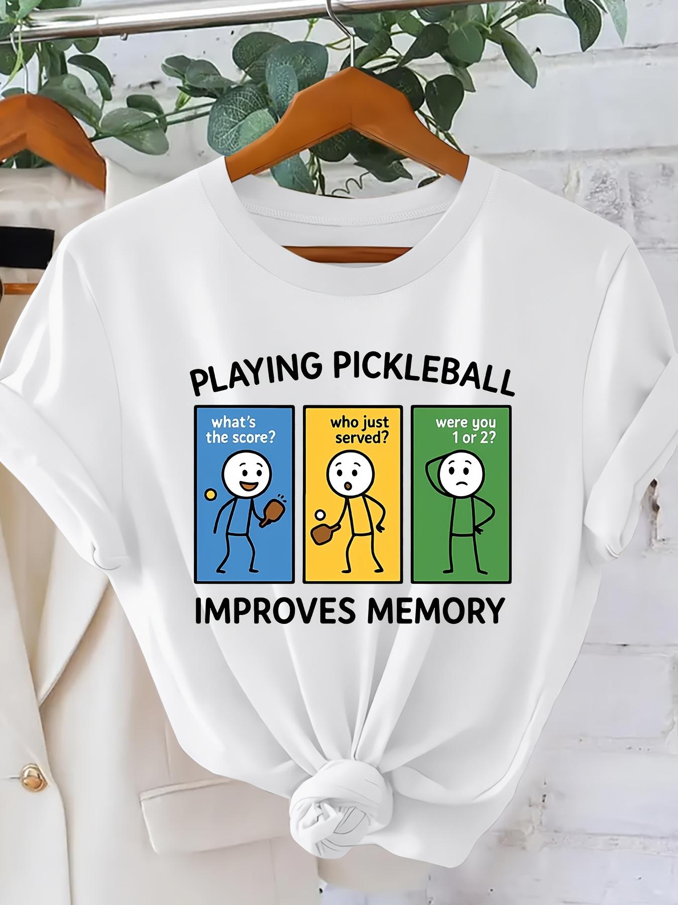 PLAYING PICKLEBALL Fun Cartoon Character Print Fashionable Vintage Style Women's Short Sleeve T-Shirt, Spring/Summer Daily Commute Casual Versatile Elegant Women's Apparel, Sporty Trendy Versatile Design, Simple Round Neck Comfortable Breathable Top,