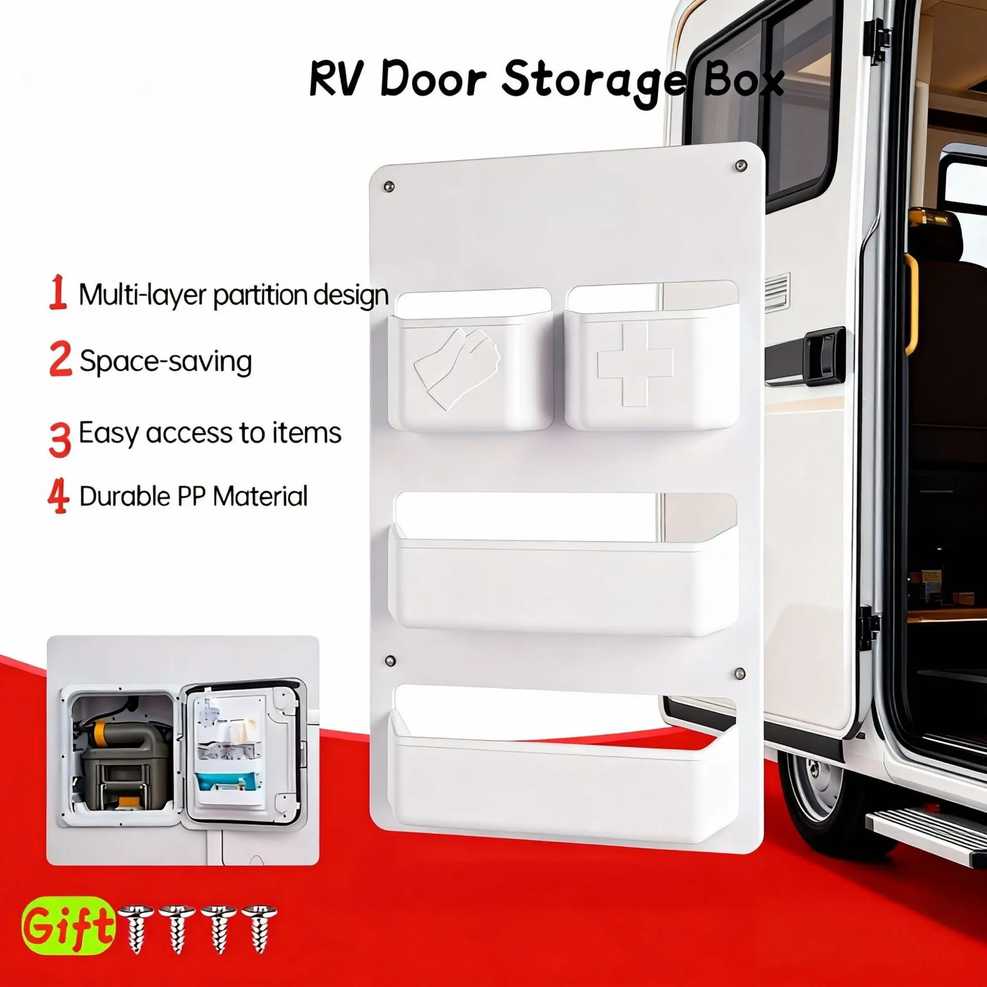 RV Door Organizer Storage Box, Multi-Layer Partition Design, Space-Saving Durable Material, Easy Installation, No Drilling Required