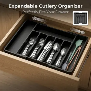 Retractable cutlery drawer organizer with adjustable multi-compartment trays,a space-saving storage solution designed specifically for silverware, cutlery, and small kitchen tools in kitchen drawers
