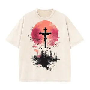 Vintage Washed Beige Boho Streetwear T-Shirt with Sunset Jesus Cross & Forest Silhouette Print, Oversized Nature Christian Aesthetic Unisex Tee