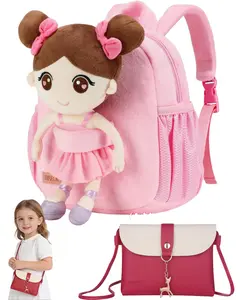 Toddler Backpack with Removable Ballerina Doll, Cute Plush Backpack for Girls, Adjustable Strap Kids Backpack with Side Pockets for Water Bottle Umbrella, 3 Compartments, Bonus Small Crossbody Bag Purse for Preschool Kindergarten, Adjustable Fit