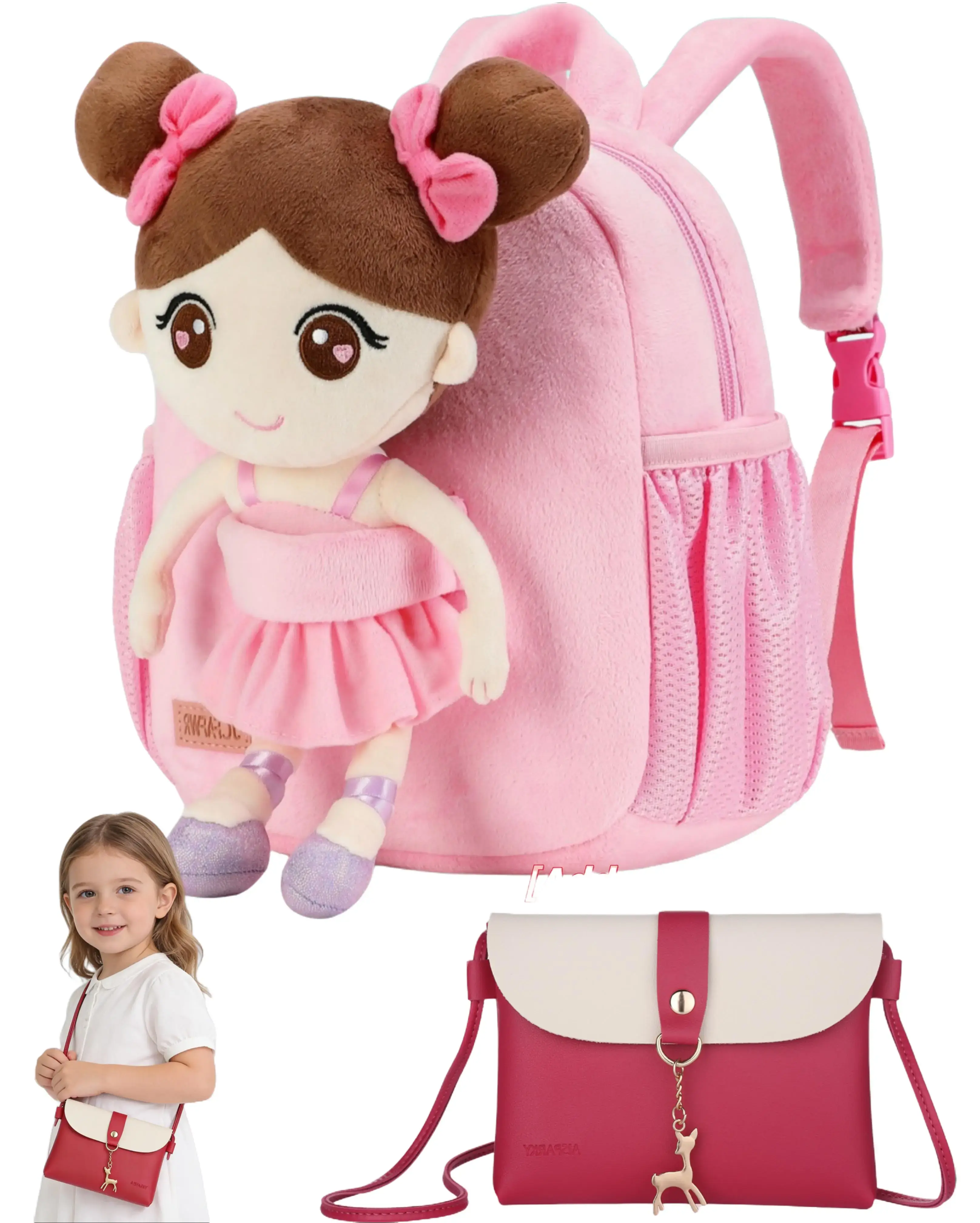 Toddler Backpack with Removable Ballerina Doll, Cute Plush Backpack for Girls, Adjustable Strap Kids Backpack with Side Pockets for Water Bottle Umbrella, 3 Compartments, Bonus Small Crossbody Bag Purse for Preschool Kindergarten, Adjustable Fit