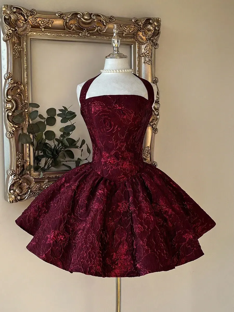 Lovelzi Elegant, Romantic, Fashionable Burgundy Jacquard Fabric Halter  Backless Long Sleeve A-Line Dress, Suitable For Graduation Ceremony, School  Opening, Music Festival, Birthday Party, Wedding, Afternoon Tea Gathering,  Prom - TikTok Shop