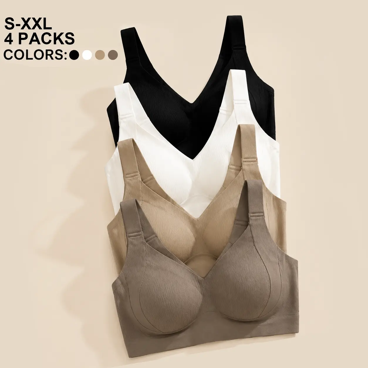 Women's 4pcs Lady Basic Wireless Elegant Seamless Balconette Bras - Fixed Cups, Wide Straps, Soft Comfortable Support, Side Breast Coverage, Minimalist Everyday Casual Invisible Lingerie, Ideal Gift, U-Cup Jelly Bras, Strapless Design, Undergarment, V-Nec