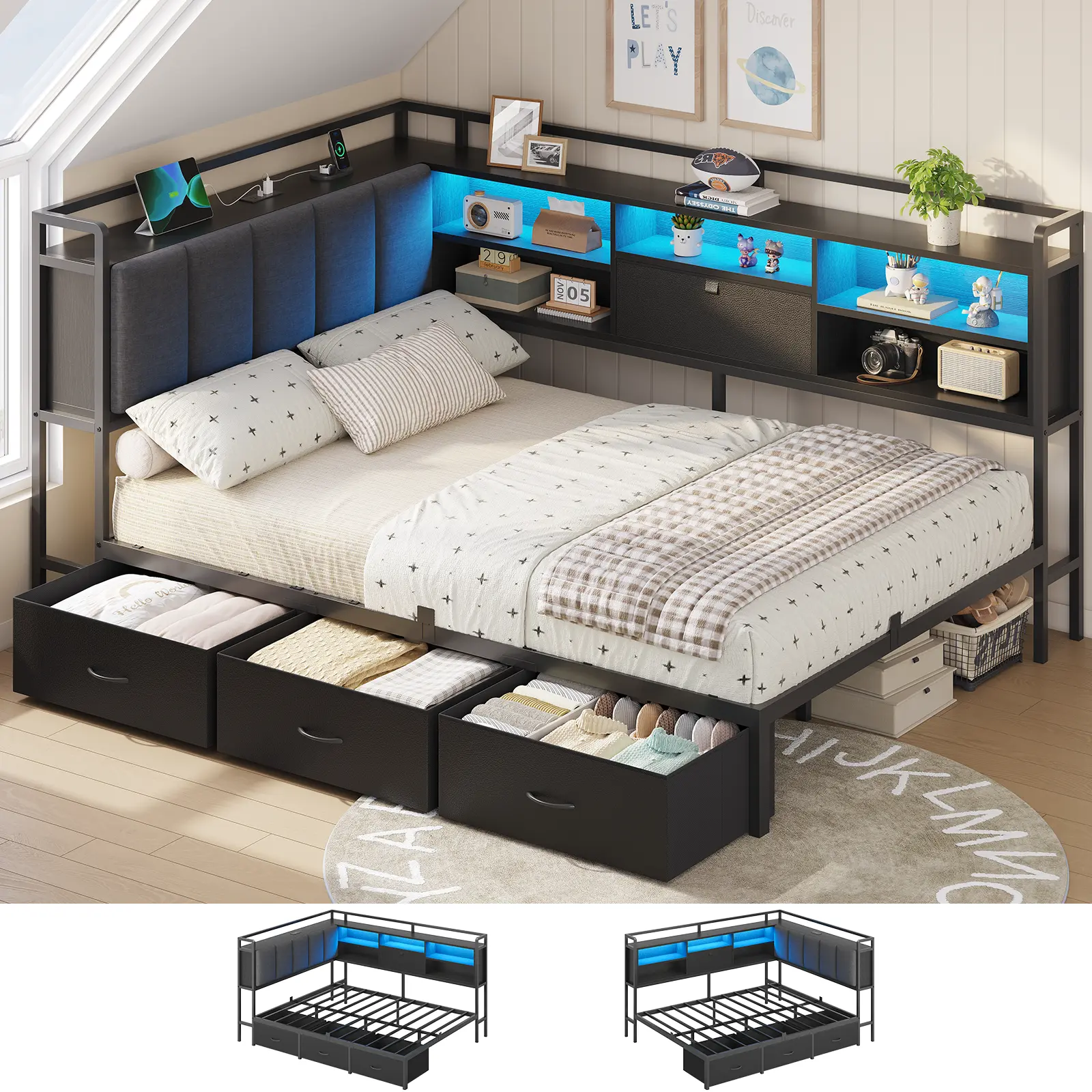 Hasuit L-Shaped Convertible Daybed Bed Frame - Multi-Size Twin/Full Corner Design, Upholstered Reinforced Headboard, 3 Storage Drawers, Space-Saving Full Size Bed Frames for Indoor Use