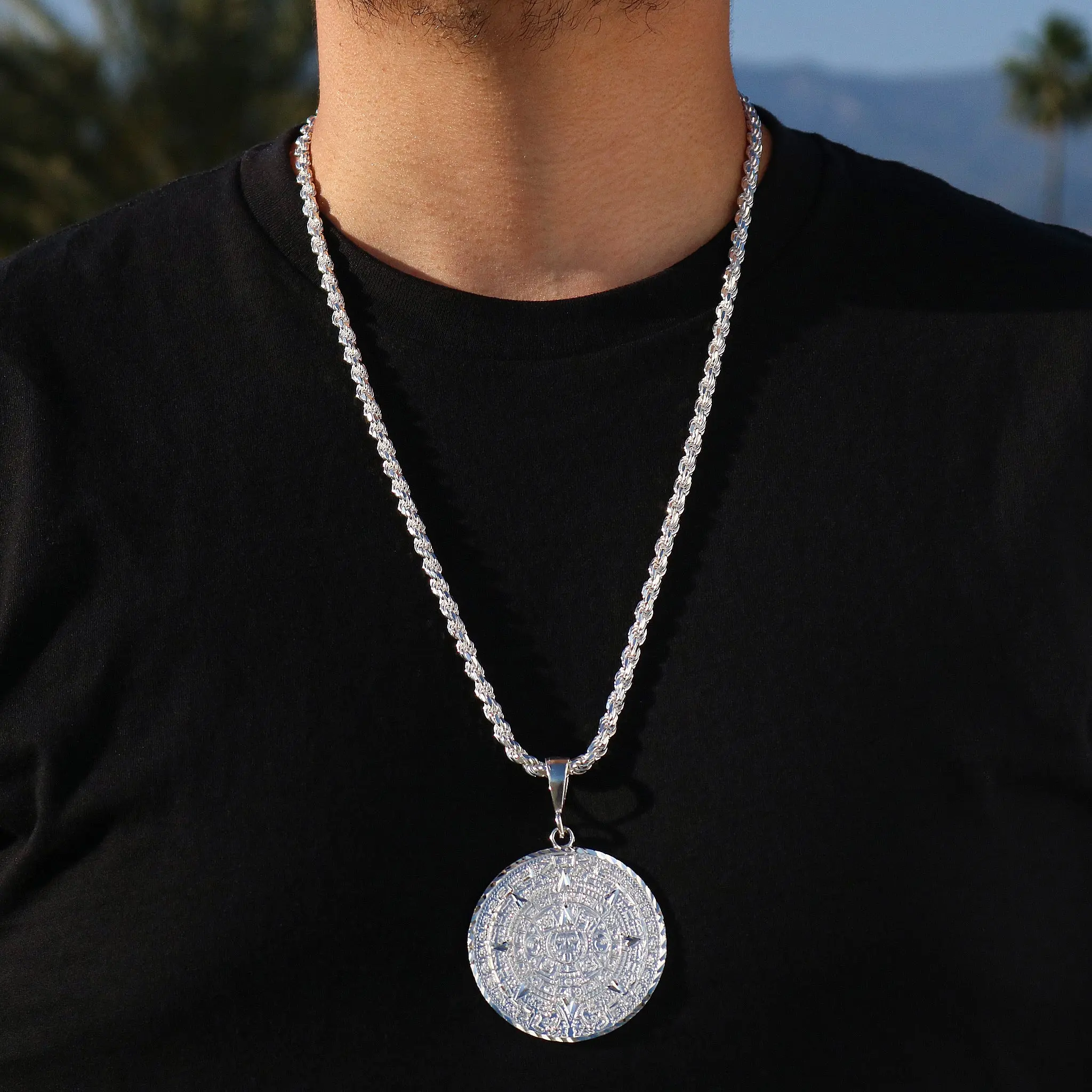 Big Aztec Calendar Pendant - 925 Silver