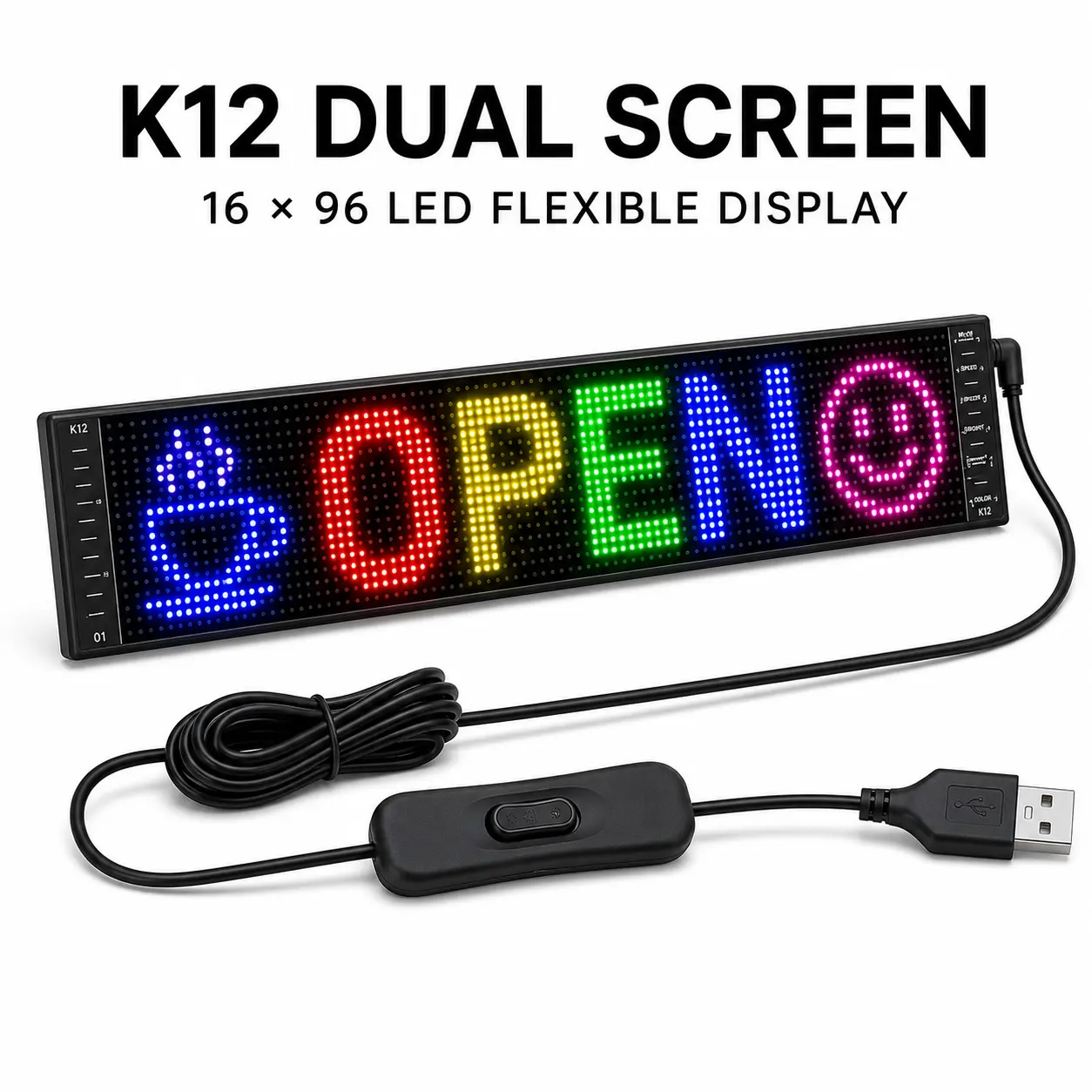 16×96 LED Flexible Display, APP-Controlled RGB Programmable Message Sign, USB-Powered K12 Dual Screen for Home, Shop, Party and Car Interior Decor
