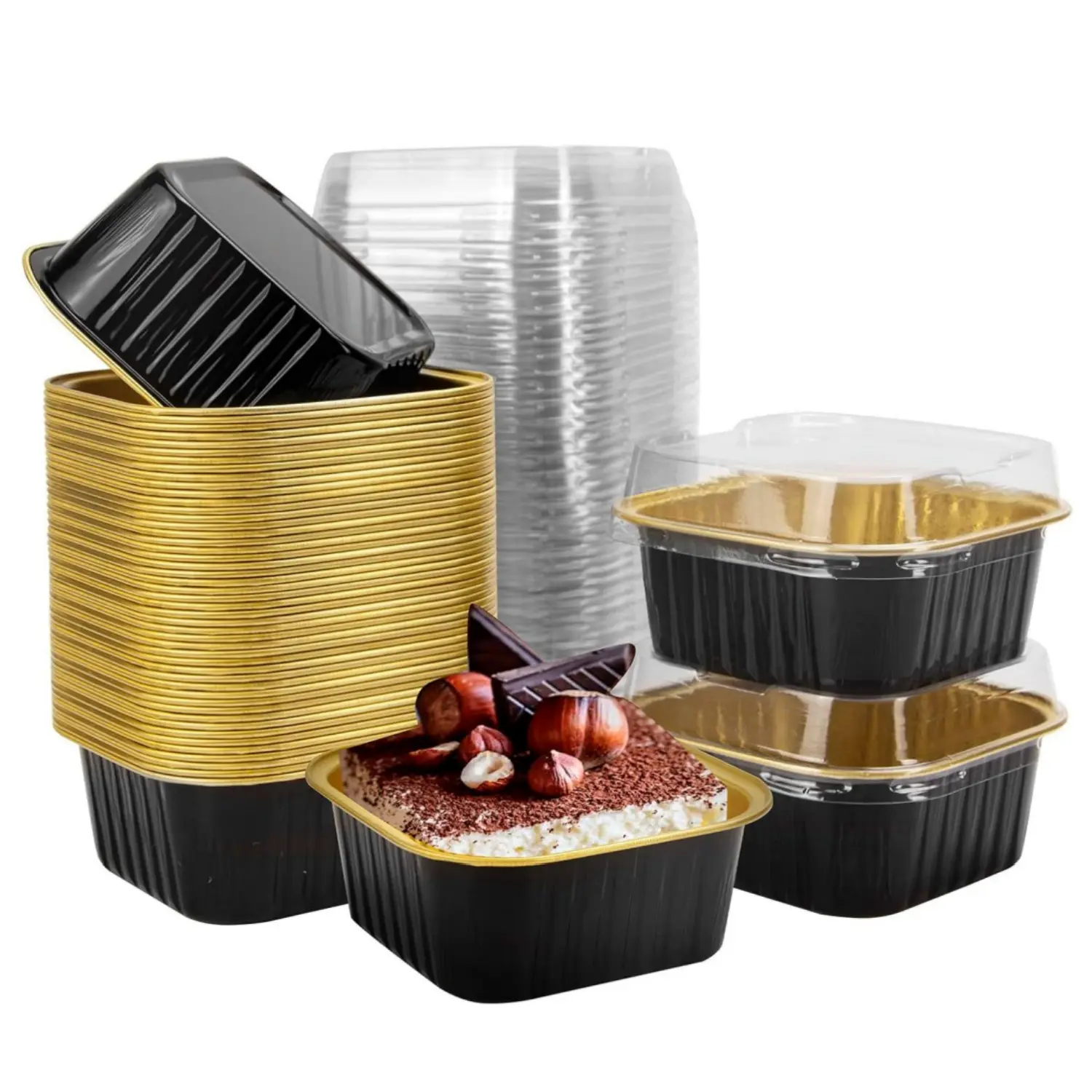 50Pcs 10oz Mini Disposable Cake Pans with Lids, Aluminum Foil Square Baking Cups, 4.4x4.4 Large Baking Cake Tins Cup Cake Containers with Lids for Individual Cakes (Black) - Home Improvement.