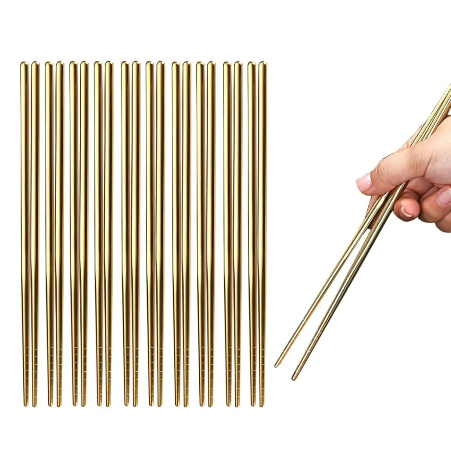 8.9 in Titanium Gold-Plated Stainless Steel Reusable Chopsticks Set (10 Pairs, Gold) - Phthalate-Free Hollow Shape Tableware for Party Dining, Dishwasher Safe, Home Improvement