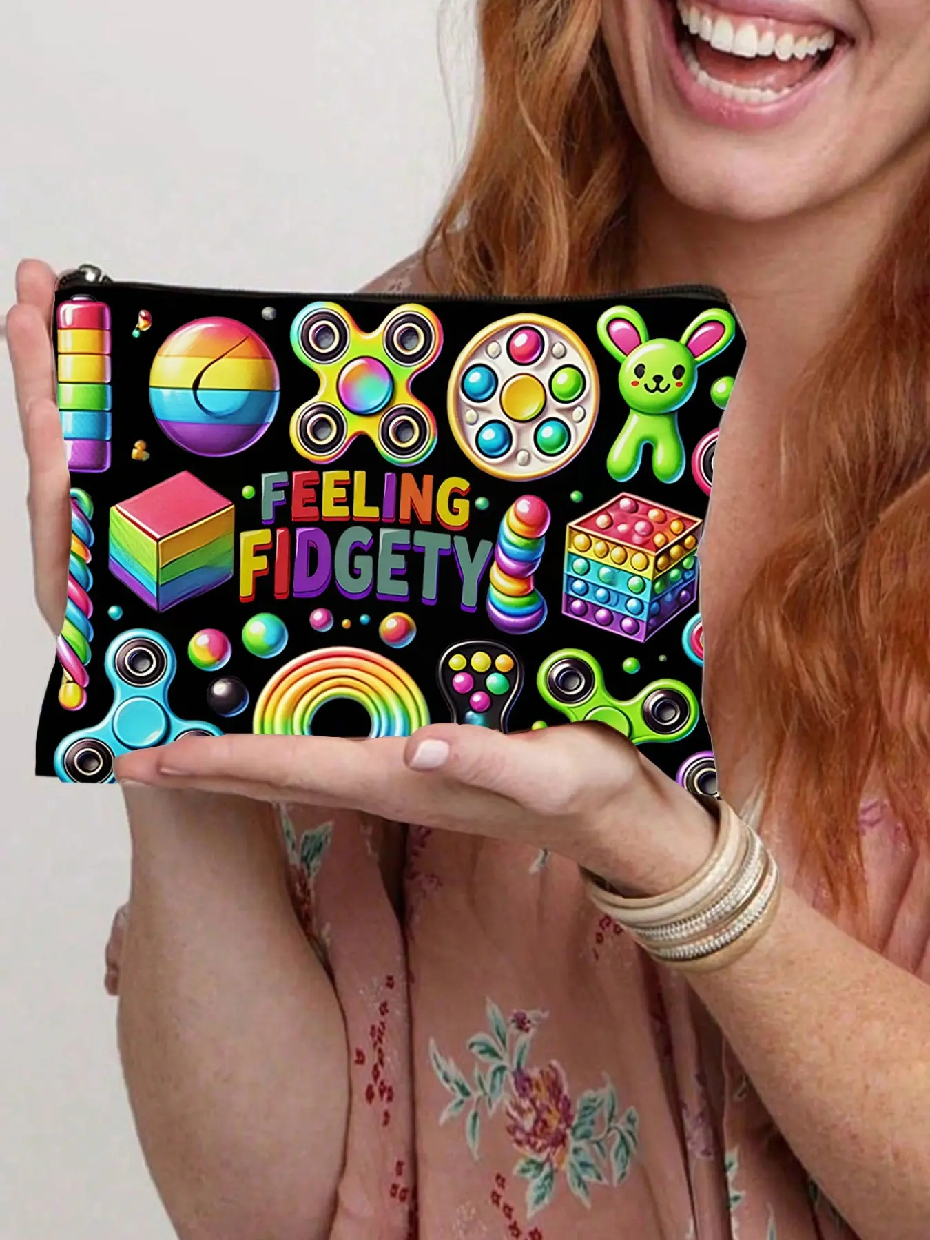 Feeling Fidgety Fidget -Themed Makeup & Accessory Organizer Pouch - Fidget Spinner & Sensory Disorder-Friendly Design, Beige Case for Gadgets, Supplies, Travel Essentials ( & s) Handheld Cosmetic Pouch Makeup Bags