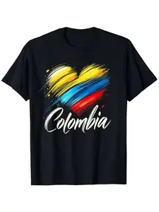 Humorous Colombia Flag Heart T-Shirt for Men and Women, Casual Short Sleeve Graphic Tee for All Seasons, Colombian Pride Apparel