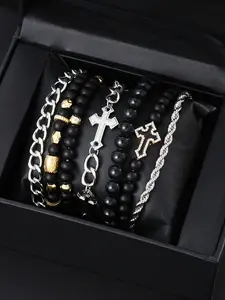 Men's Punk Style Cross Bracelet Set, Stackable Bracelets, Zinc Alloy Chain, Casual Beaded Jewelry for All Seasons, Perfect Gift for Birthdays & Christmas