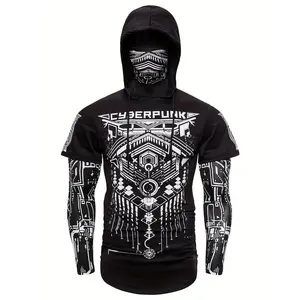 Cyberpunk style men's hooded shirt with face mask - geometric pattern, stretch polyester, machine washable - perfect for outdoor activities and Halloween, suitable for all seasons SpringStatements winter outfits men Jacket Team Logo Leopard Print Fleece
