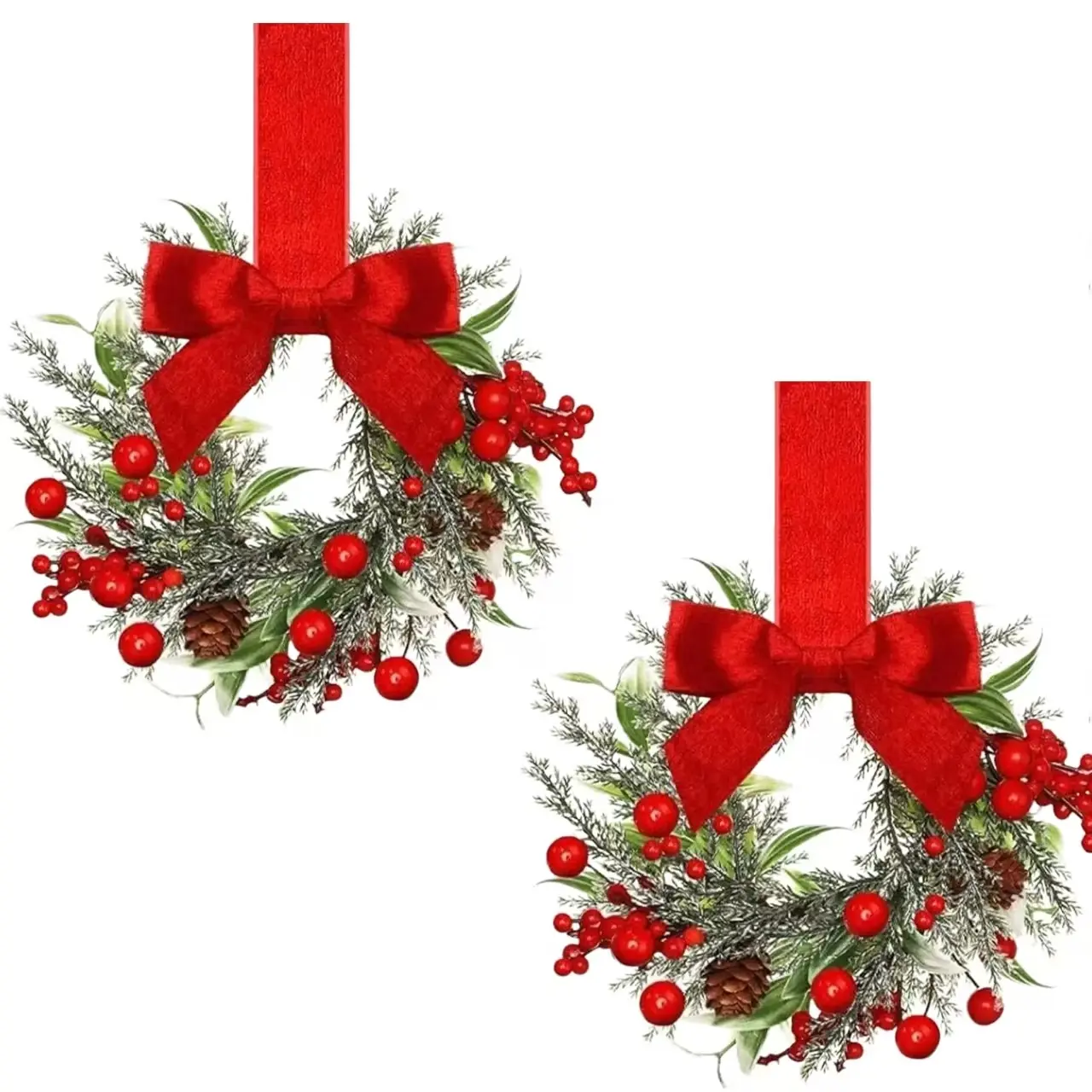 Mini Christmas Wreaths Set of 2 with Berries Pinecones and Ribbon Bow, Realistic Leaf Door Window Cabinet Decor, Easy Hang Outdoor Indoor
