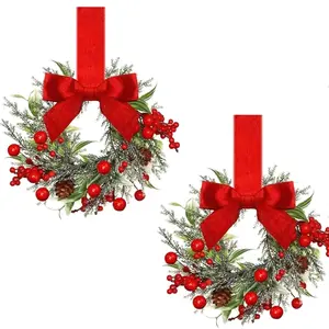 Mini Christmas Wreaths Set of 2 with Berries Pinecones and Ribbon Bow, Realistic Leaf Door Window Cabinet Decor, Easy Hang Outdoor Indoor