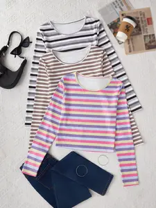 Women's Striped Comfortable Long Sleeve Sleepwear Top Set, Casual Home Wear, Loungewear, 3 Piece Pack, Soft and Cozy Nightshirt, Pajama Set