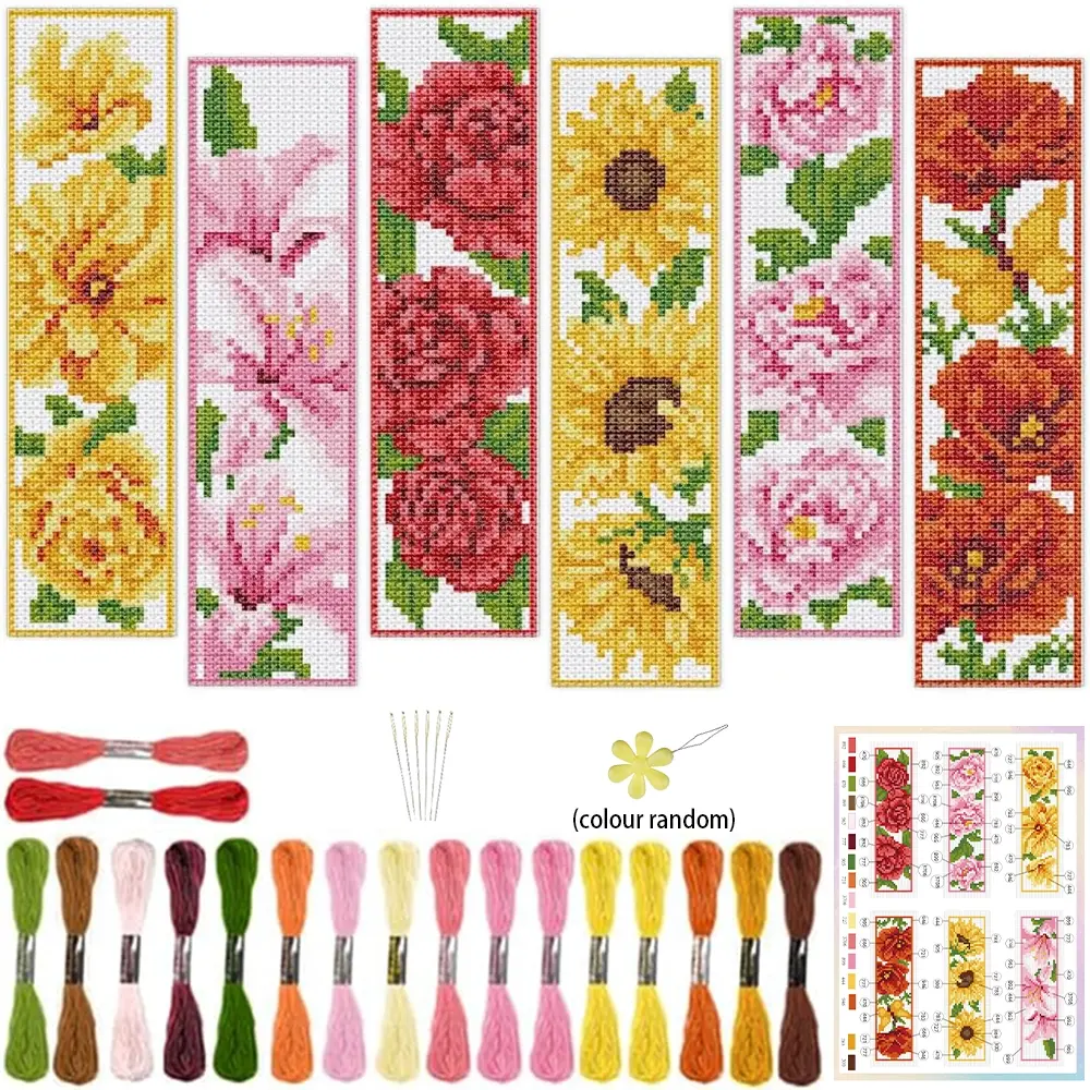 6counts Floral Cross Stitch Bookmark Kit, Includes Rose Sunflower Lily Daisy Patterns, Unique Home Decor, Bookmarks, Book Accessories, Embroidery Tools, Embroidery Threads, Gift for Friends Teachers, Unique Designs, Decorative Bookmark