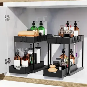 Double Layer Countertop Shelf – No-Tool Assembly, Open Access Storage Rack, Heavy-Duty Black Organizer with Adjustable Height, Holds Up to 20 lbs for Kitchen, Vanity & Bathroom