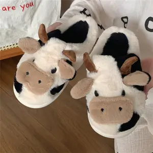 Cute Cow Slippers Women Men Warm House Cartoon Slides for Indoor Outdoor Autumn Winter Comfy Walking Shoes