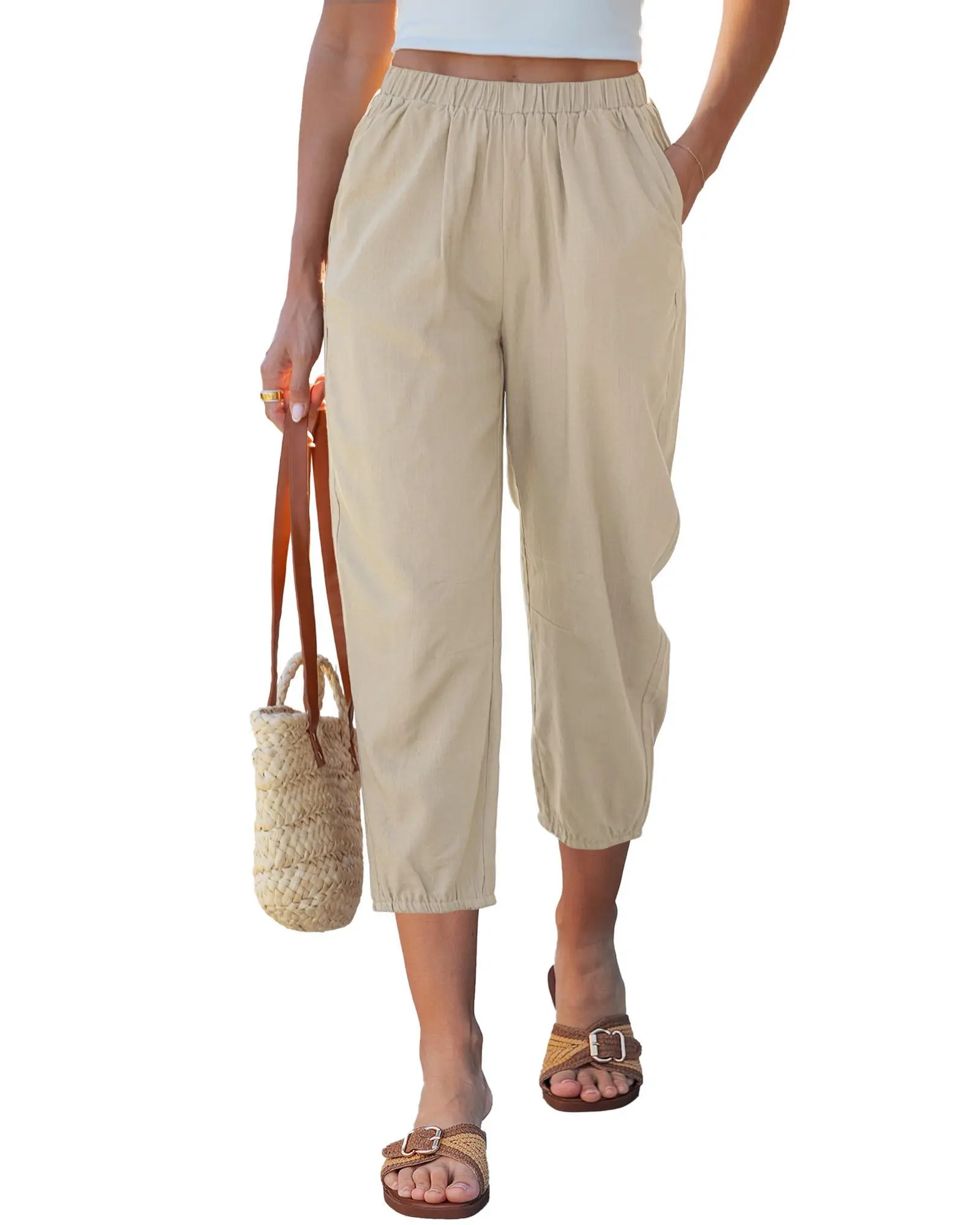 GRAPENT Women's Linen High-Waisted Ankle Capri Pants - Elastic Pull-On Barrel Pants, Minimalist Basic Summer Casual Holiday Wear, Linen Pants Women