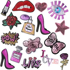 16 Pieces Purple Sequin Iron on Patches DIY Sequin Applique Lip Lipstick Patch Decoration Clothing Jeans Bag Sew on Repair for Woman Girl Garment Bag Shoes Caps