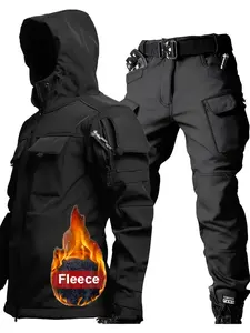 2-Piece Men's Fleece-Lined Workwear Set for Fall/Winter Shark Skin Softshell Windproof Hooded Jacket and Outdoor Sports Hiking Hunting Pants Ideal for daily work, outdoor activities, hiking, camping, and more Athletic Activewear Tracksuits