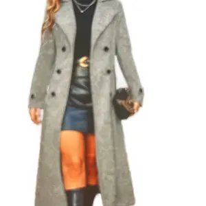 Longsleeves Clothes - Stylish Grey Wool Blend Overcoat with Double-Breasted Design & Belted Waist for Women