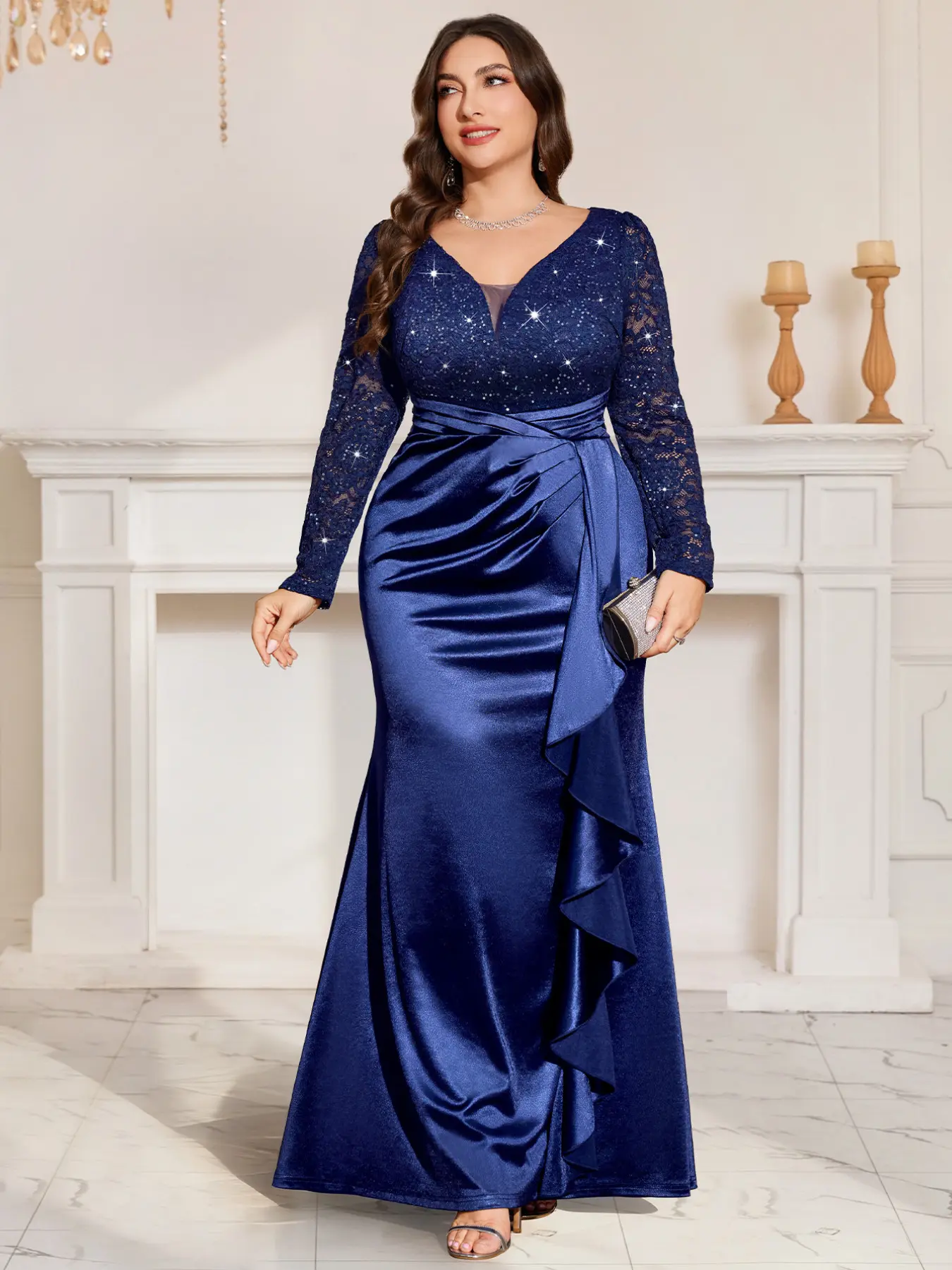 MISSMAY P25528A Plus Size Deep V-Neck Sequin Floral Lace Contrast Satin Ruffle Trim Mermaid Hem Evening Party Long Dress, Prom Evening Wedding Guest Dress, For Birthday, Graduation, Dinner, Homecoming, Festivals, Formal Wear