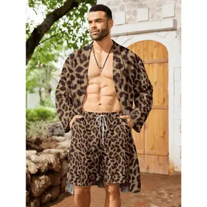 Leopard Print Men's Cardigan Short Set, Plus Size Long Style, a Must-Have for Young Men in Spring and Summer, Trendy Leopard Print, High Quality and Durable, Casual and Fashionable, Breathable and Comfortable, Stylish and Cool, Plus Size