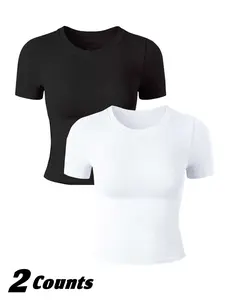 Women's Breathable Round Neck Short Sleeve Sports T-Shirt, Summer Fashion Yoga Top, Slim Fit Waist Workout Shirt, Casual Athletic Wear, Athletic Apparel, Sports Tops