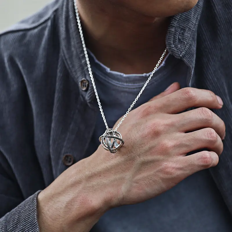 Unisex Silver-Tone 2-in-1 Convertible Deformable Ring Pendant Necklace, Chain Neck Costume Jewelry for Men's Gifts