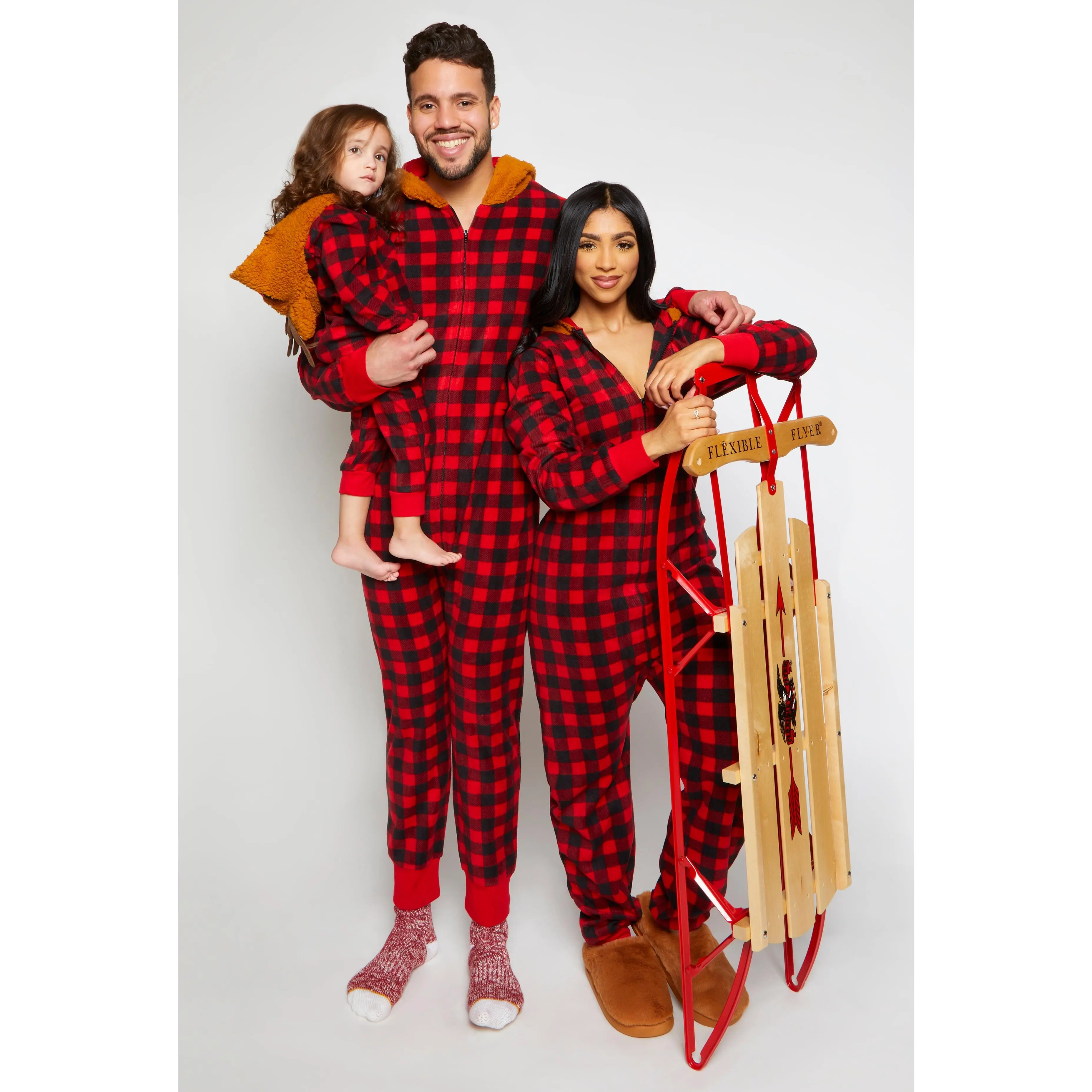 Toddlers Unisex Reindeer Hooded Plaid Onesie Family Pajamas