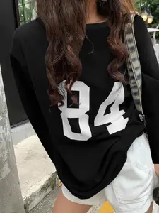 Women's Number "84" Print Crew Neck Sweatshirt, Casual Drop Shoulder Long Sleeve Pullover, Women's Fall & Winter Clothes for Daily Wear