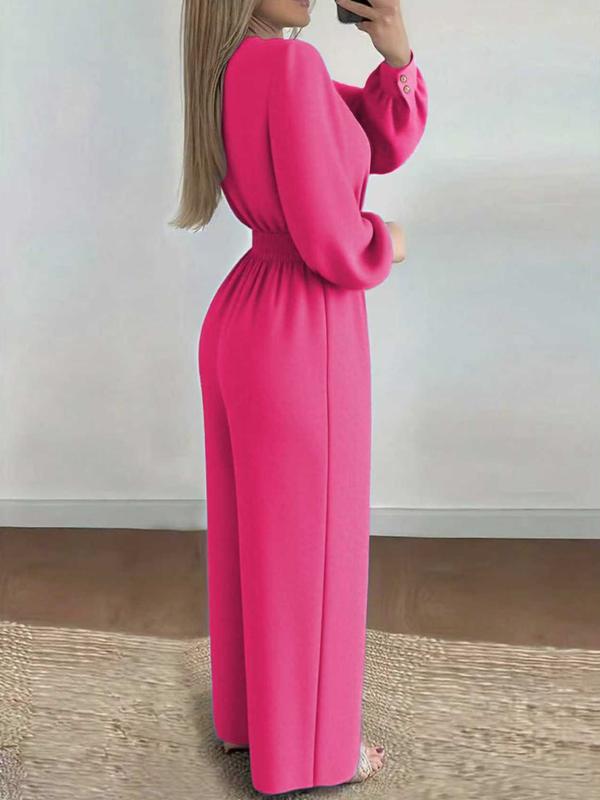 A set of casual women's waist cinched Belted jumpsuit V-neck bubble sleeve wide leg pants, suitable for autumn and winter, suitable for home, indoor, and outdoor wear