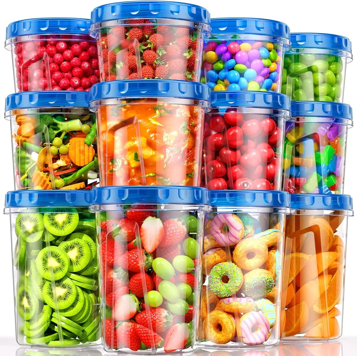 12-Pack Plastic Freezer & Food Storage Containers Set, 34/24/17oz Kitchen Stackable Airtight Twist Top Lids, BPA-Free Lightweight Reusable Leakproof Microwave Dishwasher Safe Soup Containers