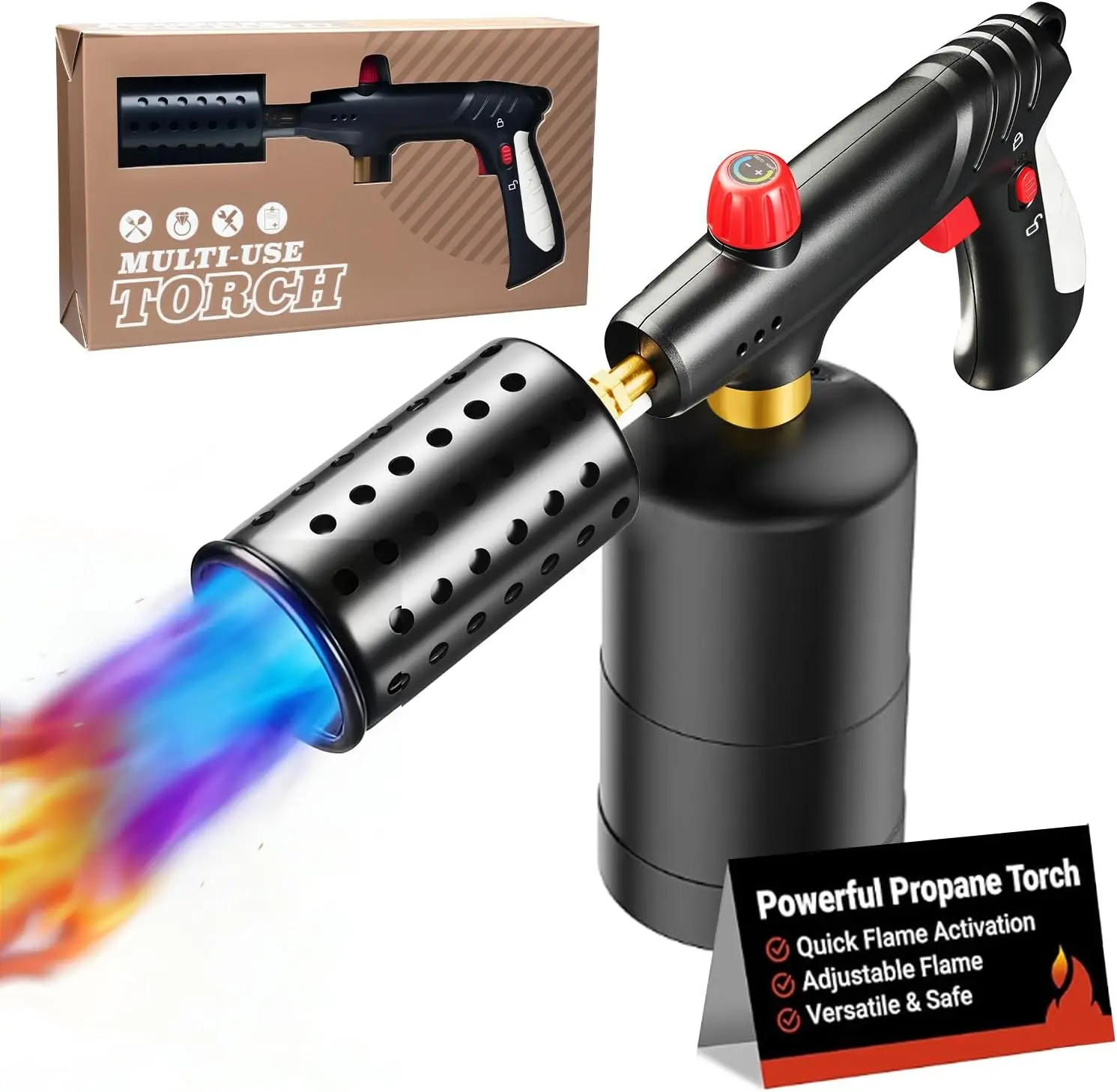 Propane Torch, Cooking Blow Torch Gun with Safety Lock, Charcoal Lighter & Flame Thrower, Kitchen Food Torch Head for Grill, Sous Vide, BBQ, Camping & Outdoor Cooking (Tank Not Included) (Platinum)