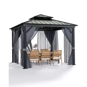 Hardtop Gazebo for All Weather, Double Metal Roof & Aluminum Alloy Frame with Net and Curtain, Permanent Building for Patio, Deck, Backyard, Lawn & Garden, Aluminum Frame Canopy