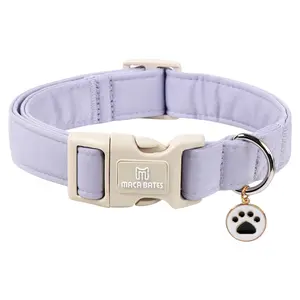 Maca Bates Lavender Dog Collar, Adjustable Cotton Puppy Accessory with Paw Charm and Safety Plastic Buckle for Small, Medium & Large Dogs