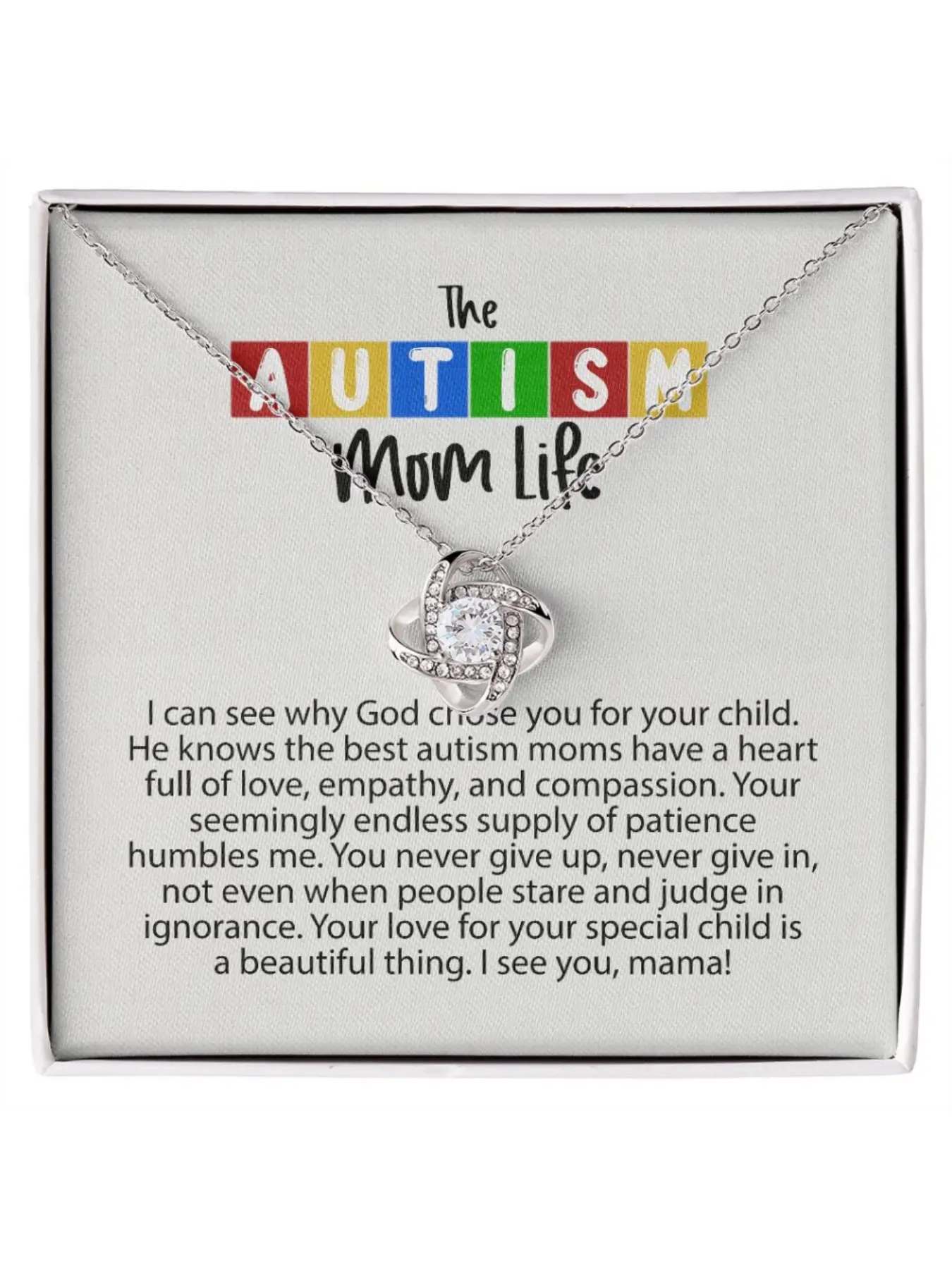 Autism Awareness Necklace Gift Love Knot Necklace with Message Card and Gift Box Autism Mom Awareness Jewelry Mother's Day Gift for Autism Mom Exquisite Jewelry Gift
