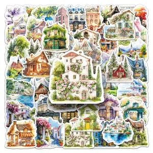 50pcs Small Town Scenery Cartoon Retro House Stickers, Decal Sticker, Suitable for Scrapbooks, Diaries, Laptops, Water Bottles, Cars, Etc. A Gift with A Positive Message and Based on Beliefs. Car Decorative Sticker