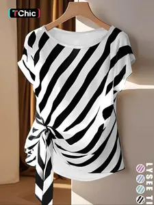 Women's Striped Print Tee, Casual Short Sleeve Round Neck Fitted T-shirt for Summer, Ladies Clothes for Daily Wear, Top, Womenswear