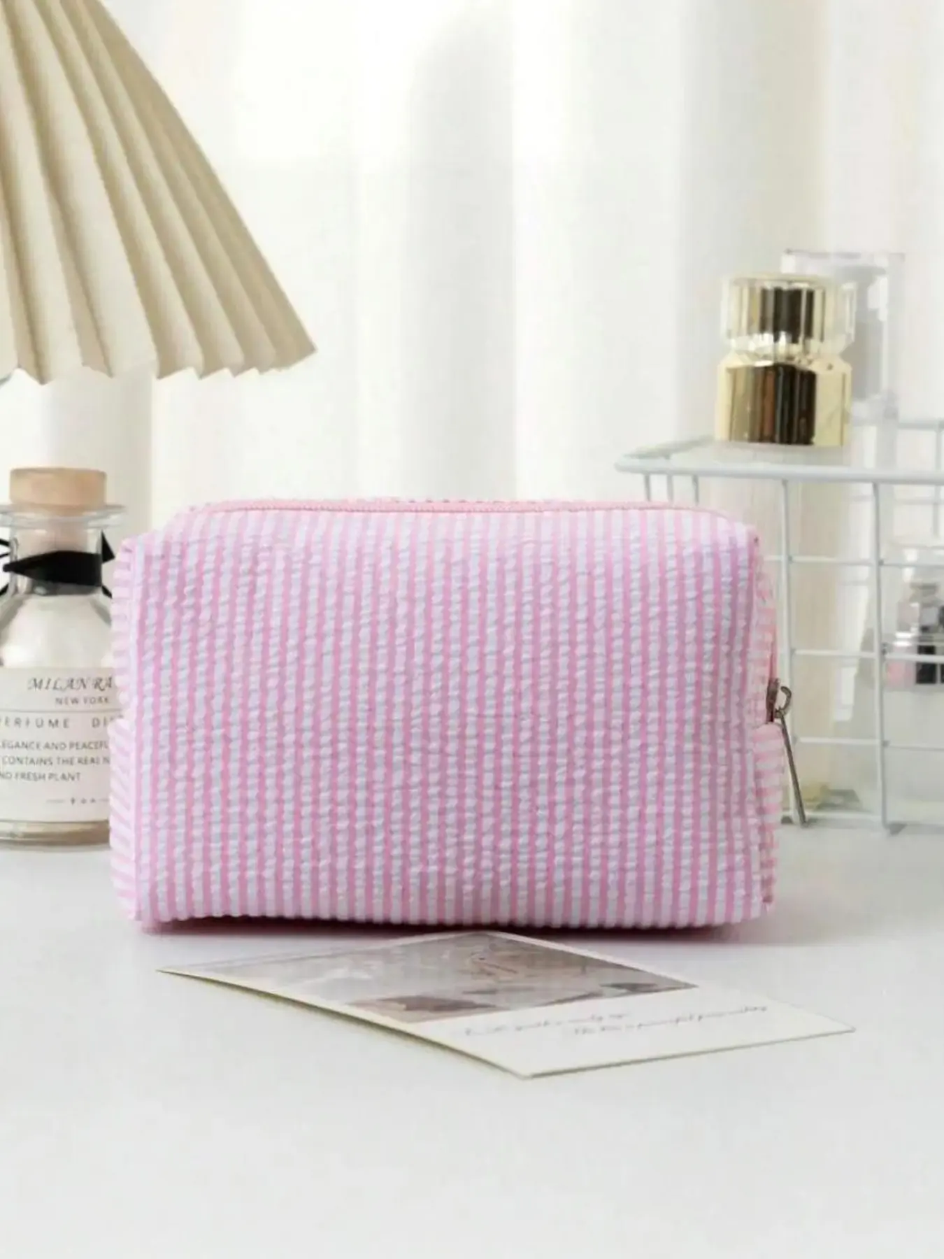 1pc Women's Striped Makeup Bag, Organza Striped Zipper Pouch, Travel Toiletry Organizer Bag, Travel Cosmetic Bags, Cosmetic Storage Bag, School Backpack, Travel Essentials, Beach & School Supplies, Cosmetics Organization, Dorm Goods
