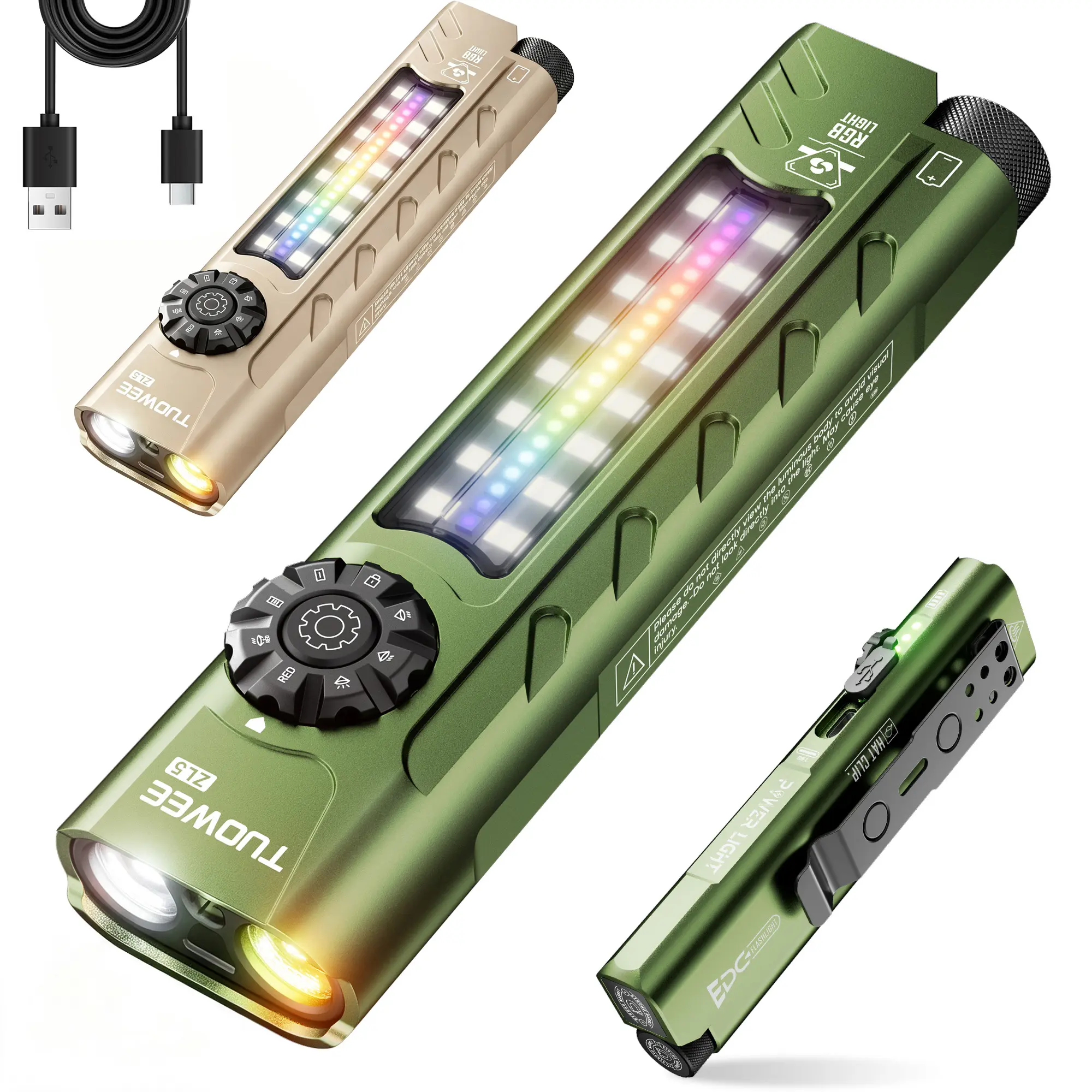 TUOWEE 2000-lumen EDC LED work flashlight, USB-C rechargeable multi-mode flashlight featuring 7-color RGB ambient lighting, a magnetic base, and a stainless steel pocket clip, with a memory function; ideal for auto repair, camping, and home emergencies